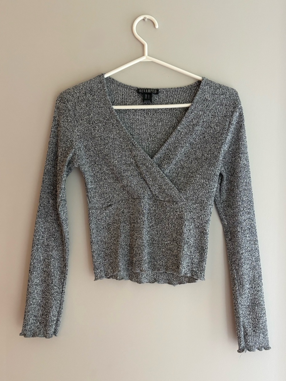 Revamped Heather Gray Ribbed Wrap V-Neck Cropped Top